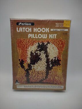 Vintage Perlon USA Latch Hook Kit Pillow Sunset 12 x 12" Yellow Orange PK-8020